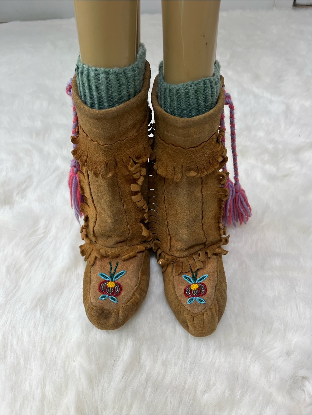 Hand made Women’s Tan Suede Beaded Fringe Moccasins wool Boho socks